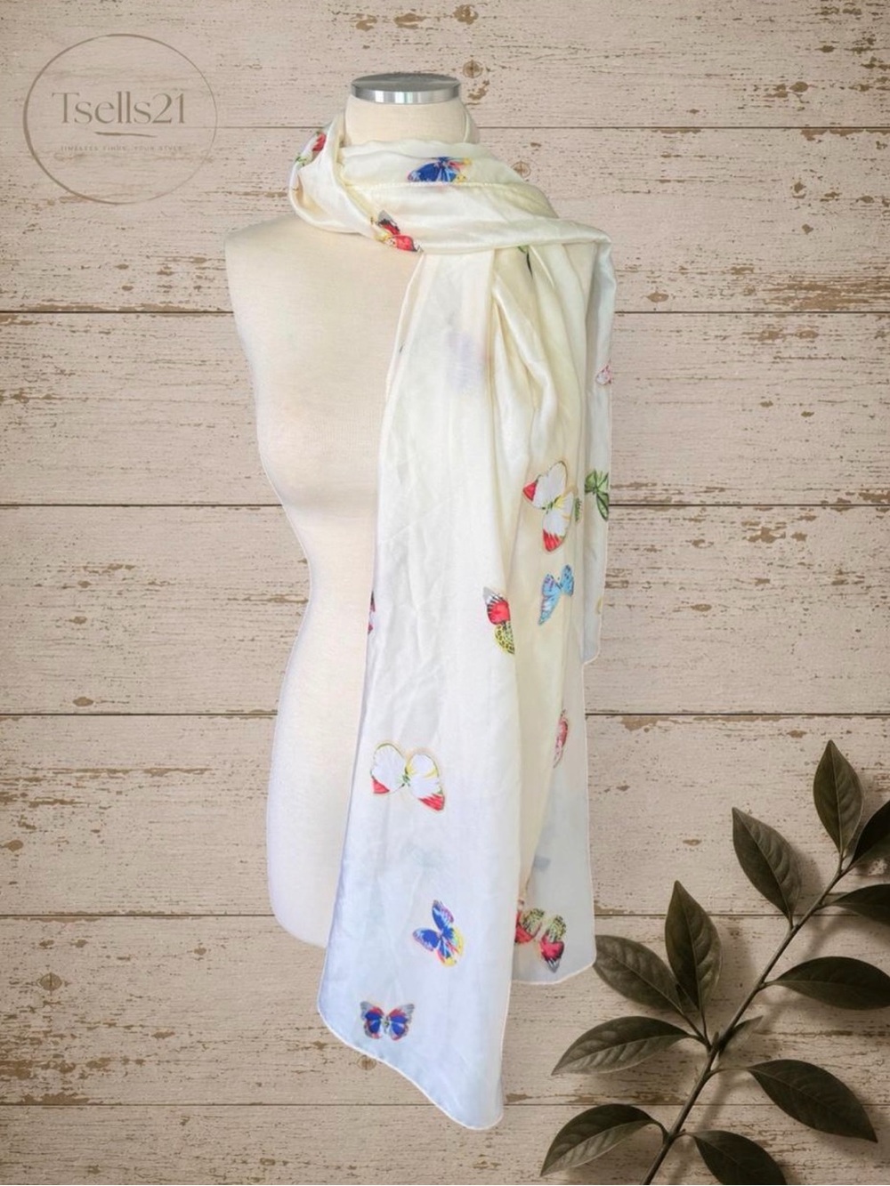 Cream Butterfly 100% Silk Scarf